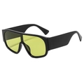 Retro oversized shield sunglasses with thick black frame and yellow lenses at 45-degree angle - Regular / Standard Black Frame with Green Lenses