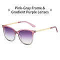 Chic pink-grey frame sunglasses with purple gradient lenses and gold woven temples - Pink Grey Frame Gradient Purple Lens