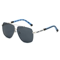 Men's square silver metal sunglasses with classic double bridge and anti-UV dark lenses - Silver Frame Grey Lens