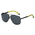 Men's square two-tone sunglasses with black metal frame and yellow non-slip temples - Black Frame Black Grey Lens