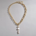 French vintage style 14K gold plated chain necklace with three baroque pearl pendants - Gold