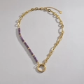 14K vergoldete Edelstahlkette mit lila Perlen und großem runden Anhänger für Damen - Lila Stein Textur Spleiß Ring Stil (N1874-zi)