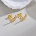 Golden crescent moon earrings with brushed metal finish and sparkling zircon stones - Crescent Style