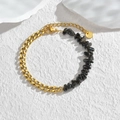 Bracciale da donna in acciaio inossidabile dorato con pietre grigio scuro naturali - Catena d'Oro Pietra Nera