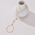 Minimalist gold chain finger bracelet with three circular clear rhinestones on white base - Zirconia Round Style (B1007)