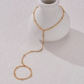 Elegant gold slave bracelet with bead accents and Y-shaped finger ring design - Metal Bead Chain Style (B1008)