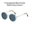 Retro round sunglasses with silver metal frames, blue rings, and dark grey lenses - Regular / Standard Transparent Blue Frame with Dark Grey Lenses