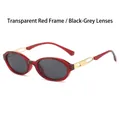 Retro oval sunglasses with transparent red frames and dark grey lenses for fashion - Regular / Standard Transparent Red Frame with Black-Grey Lenses