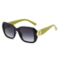 Retro square oversized sunglasses with black frame, olive green temples and golden B logo - Black Frame Double Gray Lens