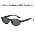 Retro oval sunglasses with glossy black frames and dark grey lenses for street style - Glossy Black Frame Grey Lens