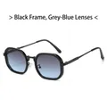 Square black frame sunglasses with grey-blue gradient lenses and thin metal temples - Black Frame Grey Blue Lens