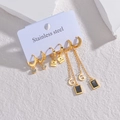Set di 3 paia di orecchini in acciaio inossidabile dorato con zirconi e ciondoli quadri - Set di 3 Paia di Orecchini a Bottone Quadrati