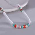 Bohemian colorful heishi clay bead necklace with gold spacers in pink and blue - White