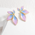 Pink and blue gradient leaf earrings with gold metal frame on a white stone base - Purple Gradient