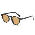 Classic round retro sunglasses with black frame, amber lenses, and silver rivet accents - Black Frame Tea Lens