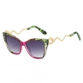 Cat-eye sunglasses with colorful marble resin frame and golden snake-shaped metal temples - Purple Green Frame Gradient Grey Lens