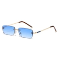 Frameless rectangular sunglasses with blue gradient lenses and gold metal frame on white background - Regular / Standard Gold Frame with Gradient Blue Lenses