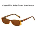 Retro schmale rechteckige Sonnenbrille mit orangem Rahmen und Bügeln im Leopardenmuster - Leopard Innenring Oranger Rahmen Tee Linsen