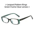 Rechteckige Sonnenbrille mit grünem Schildpatt-Rahmen, klaren Gläsern und Metallnieten - Leopard Innenring Grüner Rahmen Klare Linsen