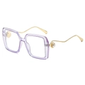 Moderne lavendelfarbene quadratische Sonnenbrille mit goldenen Wellenbügeln und Perlen - Violetter Rahmen Klare Gläser