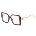 Dunkelweinrote quadratische Sonnenbrille mit goldenen Bügeln und Perlen-Detail - Weinroter Rahmen Klare Gläser