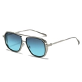 Vintage punk square sunglasses with silver metal frame and blue gradient lenses - Silver Frame Green Gradient Lens