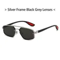 Silver double-bridge sunglasses with black-gray lenses and red non-slip rubber tips - Silver Frame Black Grey Lens