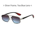 Double-bridge polygon sunglasses with silver metal frame and tea-blue gradient lenses - Silvery Frame Tea Blue Lens