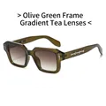 Olive green square sunglasses with gradient tea lenses and silver metal cross details - Regular / Olive Green Frame Gradient Tea Lens