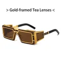Gafas de sol steampunk rectangulares con montura dorada y lentes de té para hombre - Montura Dorada Lente Marrón