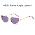 Cat eye sunglasses with golden metal frame and purple half-rim lenses for women - Gold Frame Purple Lens
