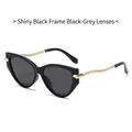 Fashion cat eye sunglasses in black with unique golden textured metal temples - Glossy Black Frame Grey Lens