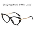 Cat eye sunglasses in glossy black frame with golden wavy metal temples and clear lenses - Glossy Black Frame / Clear Lenses