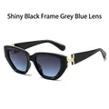 Retro black rectangular sunglasses with grey-blue gradient lenses and gold accents - Bright Black Frame Gray Blue Lenses