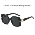 Fashion square black sunglasses with dark lenses and elegant golden G-shaped metal hinges - Black Frame Black Grey Lens
