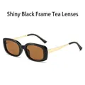 Fashionable rectangle sunglasses with shiny black frames, brown lenses, and gold metal temples - Shiny Black Frame Tea Lens