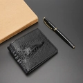 Classic black men's short bifold wallet with relief crocodile head embossed leather - Black