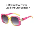 Square fashion sunglasses with red-yellow gradient frames and gold metal hinge accents - Red Yellow Frame / Gradient Grey Lenses