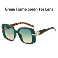 Fashionable square green frame sunglasses with gradient tea lenses and tortoiseshell temples - Green Frame Green Tea Lens
