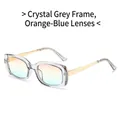 Transparent grey square sunglasses with orange-blue gradient lenses and gold metal temples - Transparent Grey Frame Orange Blue Lens
