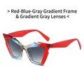 Occhiali da sole Y2K geometrici cat-eye con montatura sfumata rosso-blu-grigio e lenti grigie - Montatura Sfumata Rosso Blu Grigio Lenti Grigio Sfumato