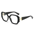 Square black frame sunglasses with a distinctive golden H-shaped metal hinge detail - Black Frame Clear Lenses