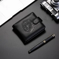Close-up of embossed lion head pattern on premium black leather men's wallet with neat stitching - Black