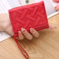 Mini red coin purse with heart embroidery and woven texture featuring wrist strap - Red