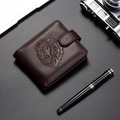 Detail of dark brown leather wallet with embossed lion head and snap closure design - Coffee