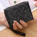 Mini black quilted PU leather wallet with heart embroidery and wrist strap - Black