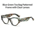 Retro cat-eye sunglasses featuring blue, green, and tea-colored tortoiseshell patterns - Regular / Regular (Blue-Green Floral Pattern Clear Lenses)