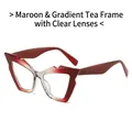 Y2K geometric cat-eye sunglasses with burgundy gradient frame and clear lenses - Regular / Regular - Burgundy Tea Frame with Clear Lens