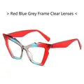 Y2K fashion cat-eye sunglasses with red blue grey gradient frame and clear lenses - Regular / Regular - Red, Blue & Gray Frame with Clear Lens