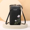 Sac bandoulière portable en cuir noir avec broderie florale et fermoir doré - Noir